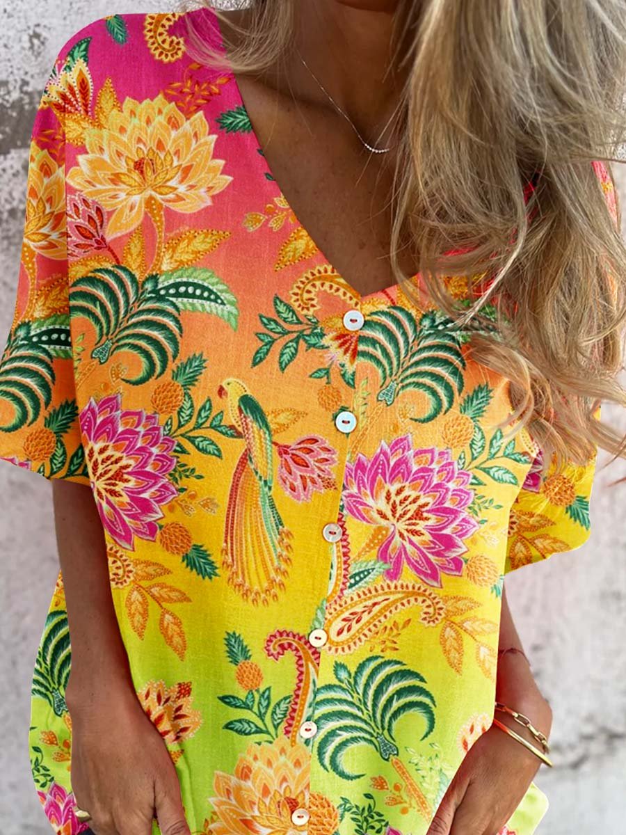 Haut élégant en coton et lin à motif floral dégradé arc-en-ciel vintage pour femme