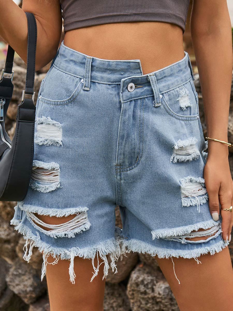 Irregularly Ripped Raw Edge Ripped Denim Shorts