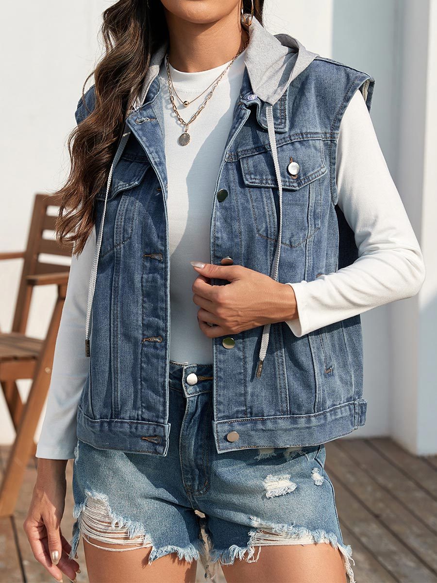Women's Washed Classic Style Hat Denim Vest