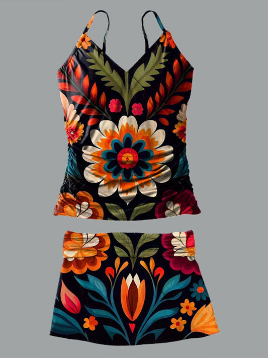 Maillot de bain tankini à col en V et imprimé floral ethnique rétro noir