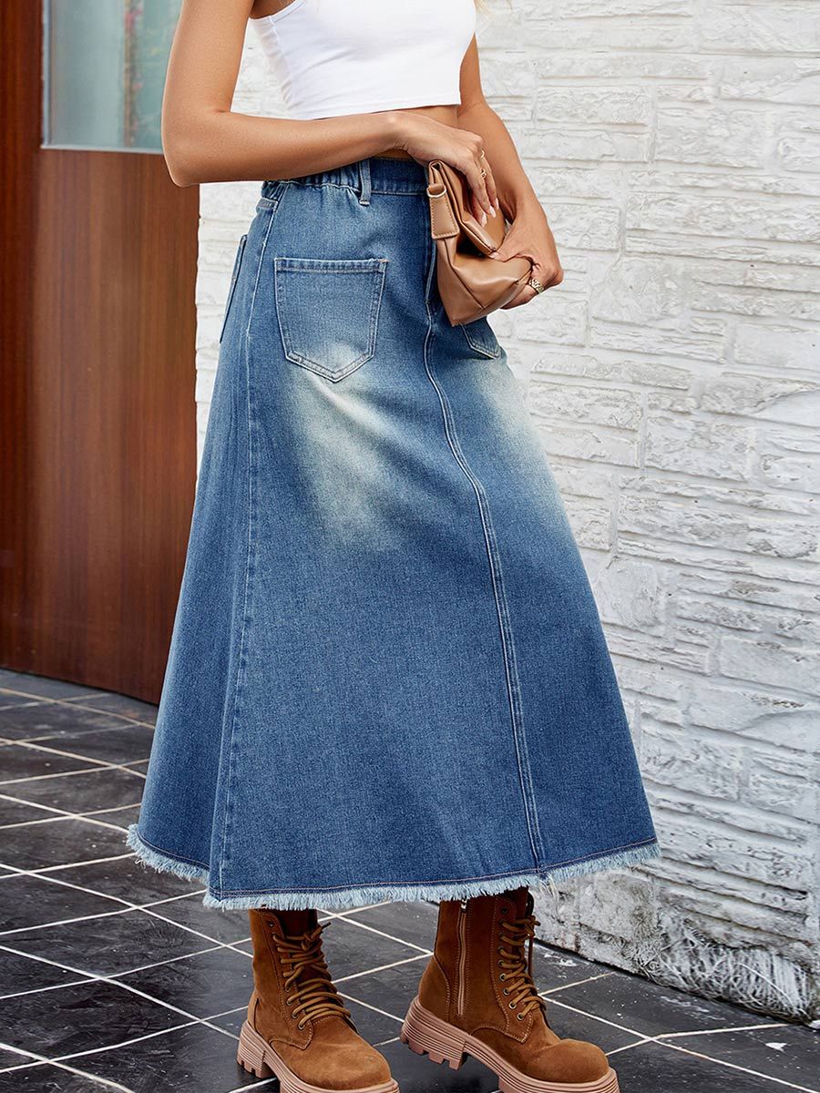 Women's Washed Raw Edge Denim Skirt