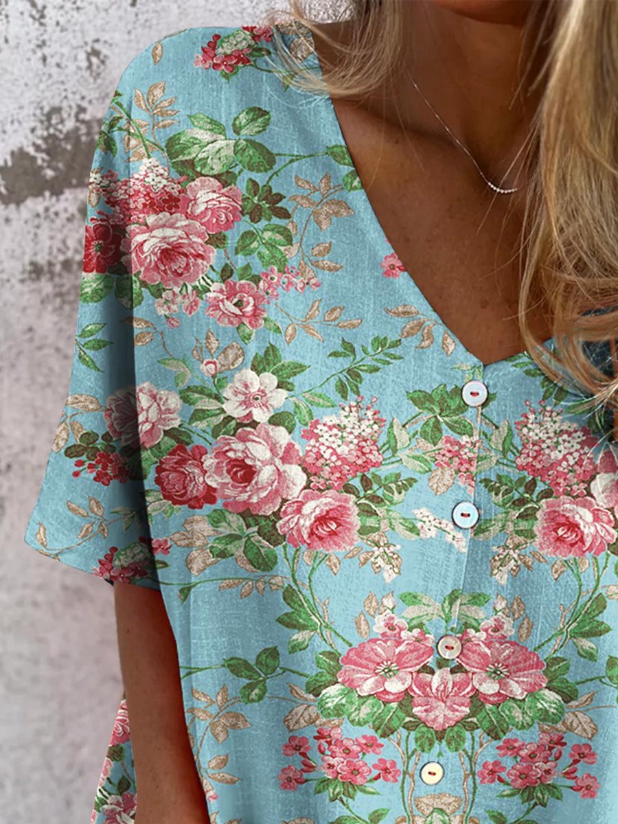 Haut décontracté en coton à col en V pour femme avec motif palmiers