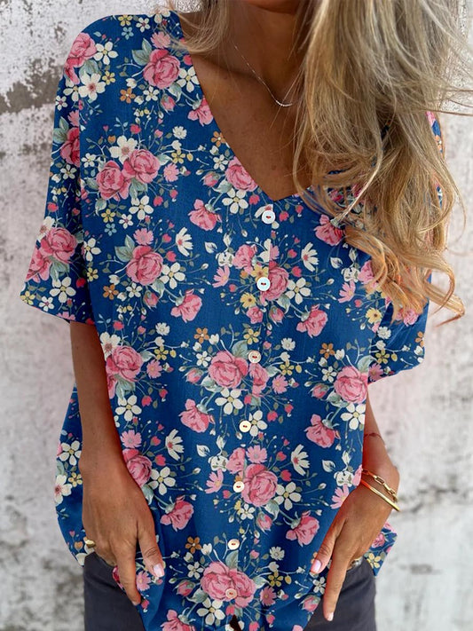 Cardigan élégant à col en V et motif floral simple pour femme en coton et lin