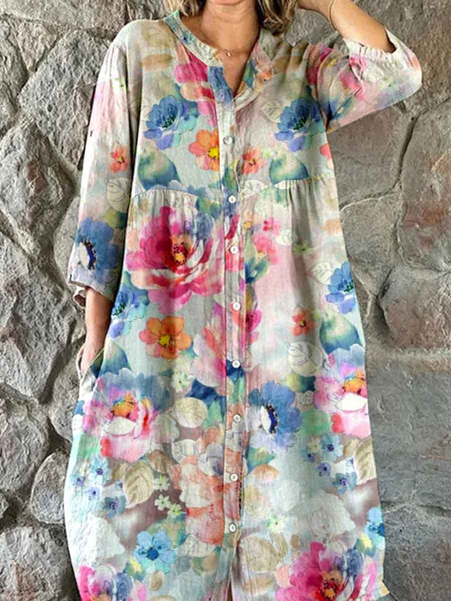 Women's Elegant Vintage Floral Print Shirt Style Cotton and Linen Dress