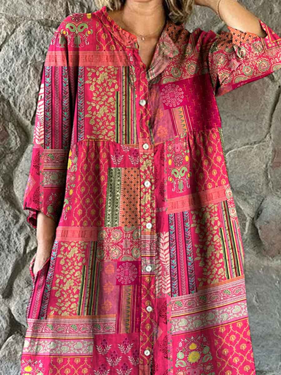 Robe bohème ethnique en coton et lin à imprimé géométrique pour femme