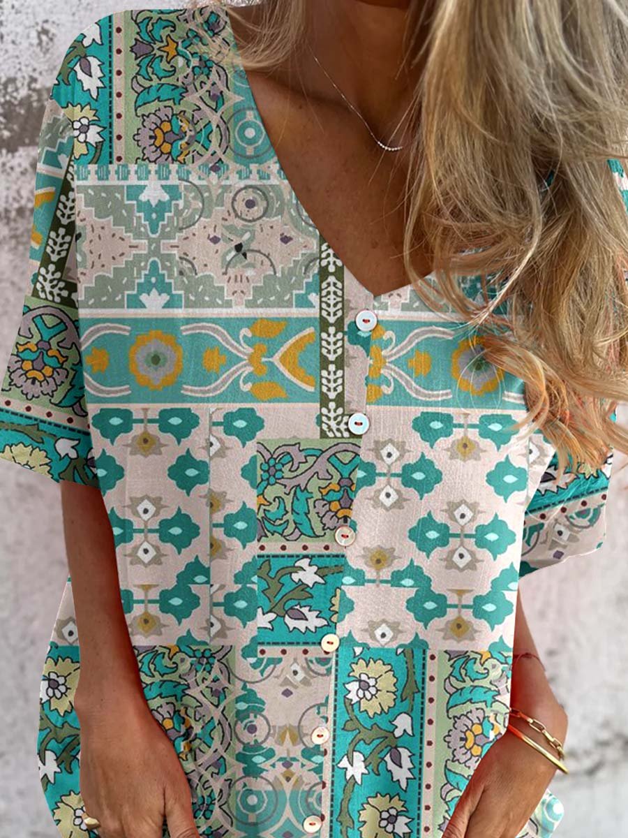 Haut élégant en coton et lin à motif floral vintage pour femme