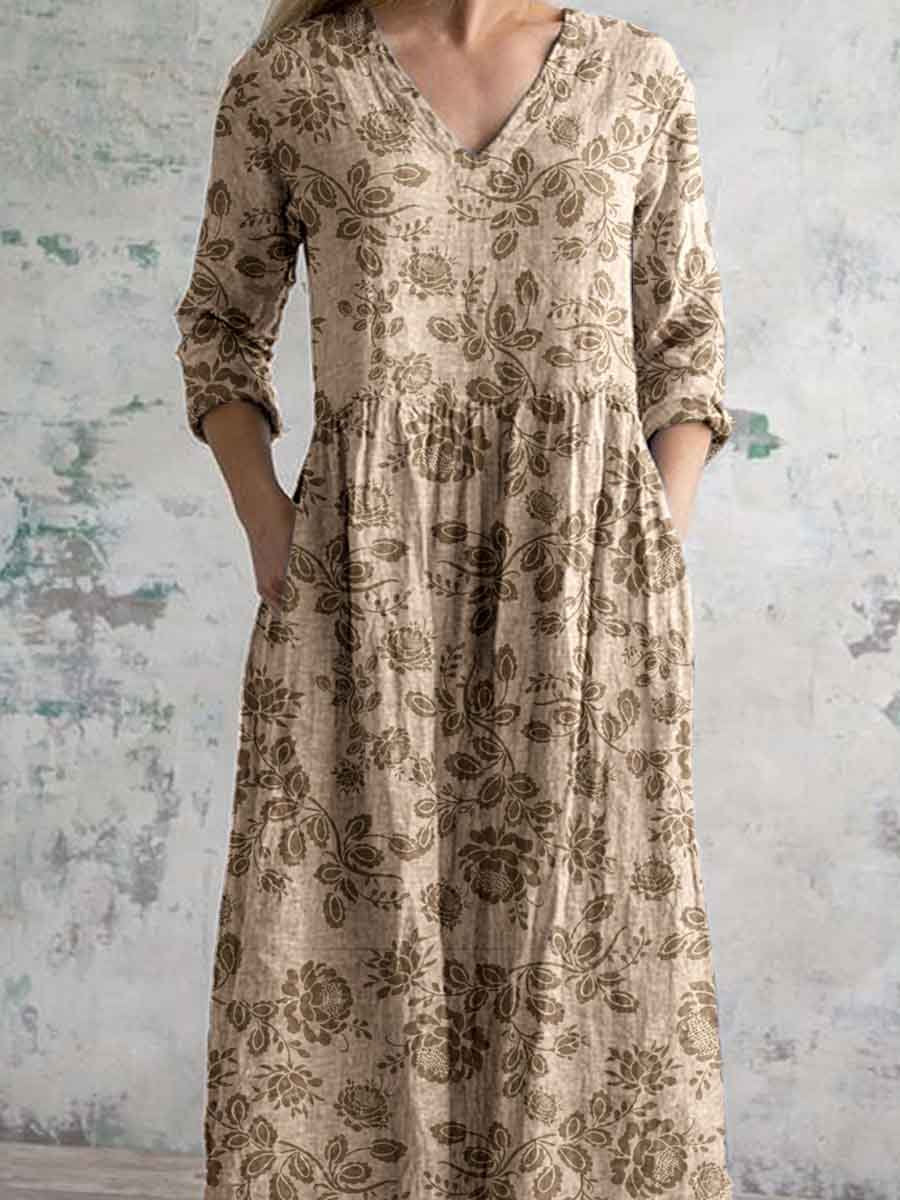 Robe élégante en coton et lin à imprimé floral simple et embelli avec poches pour femme