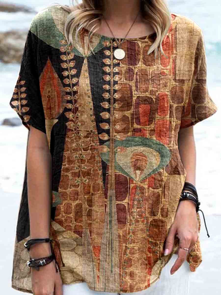 Haut en lin imprimé à motifs géométriques rétro pour femme