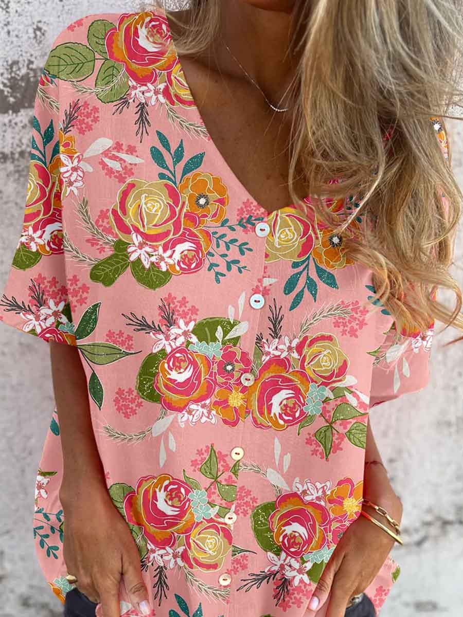 Haut élégant en coton et lin à motif floral pour femme