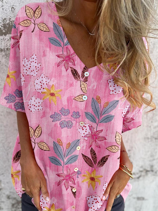 Haut élégant en coton et lin à motif floral pour femme