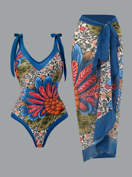 Jupe longue en mousseline de soie à imprimé rétro pour maillot de bain pour femme