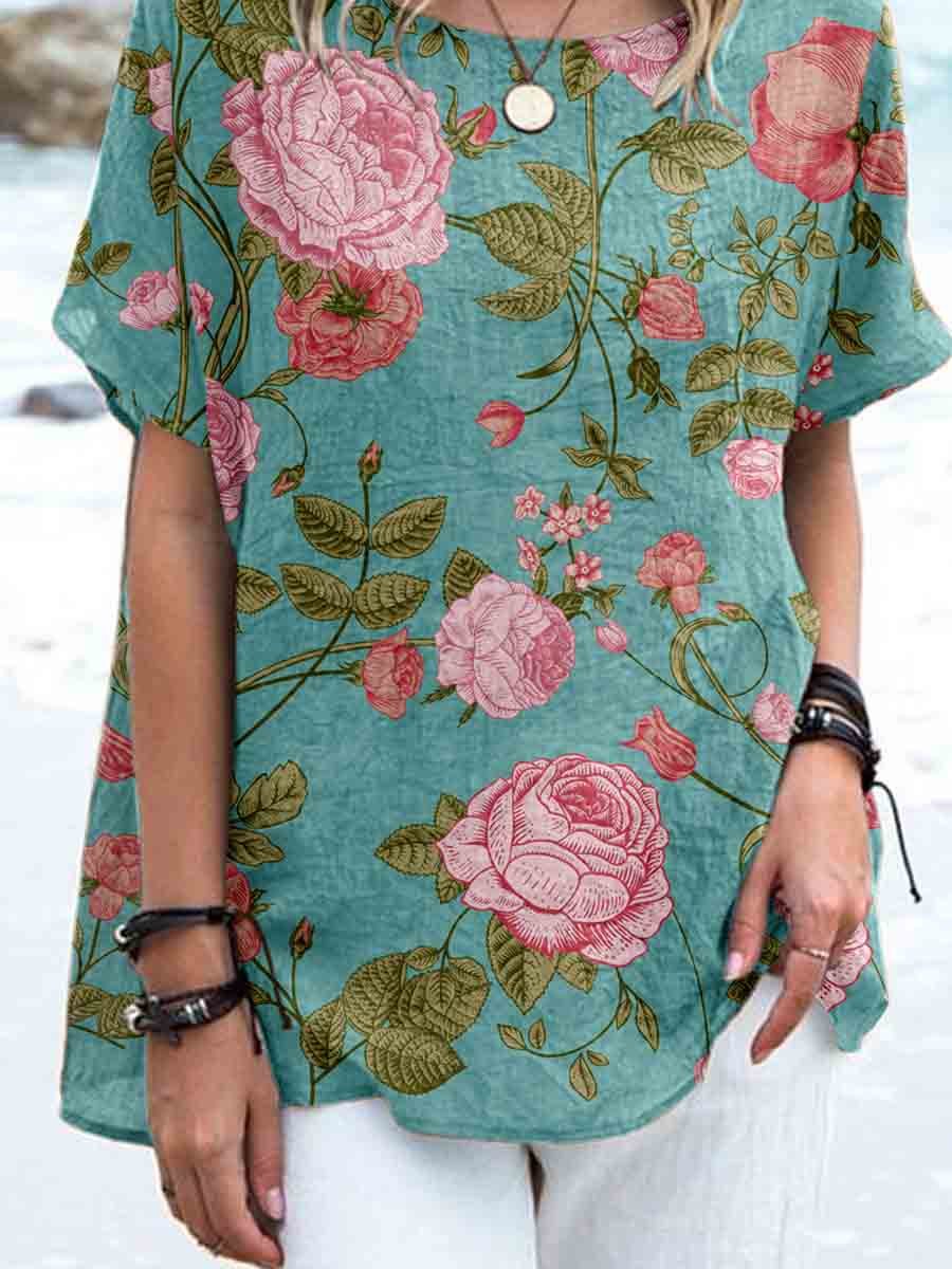 Haut élégant en lin à imprimé floral rose vintage pour femme