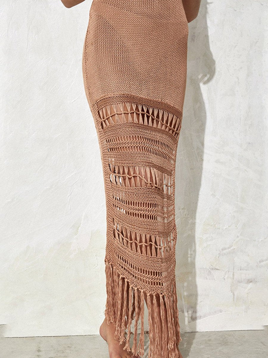 Cache-maillot de bain à franges en tricot de couleur unie pour femme