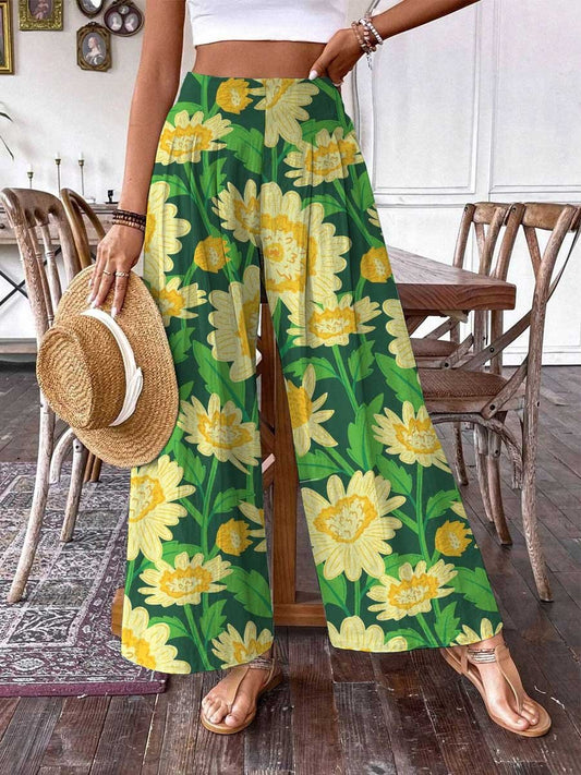 Pantalon en coton et lin à motif floral Art Sunflower pour femme