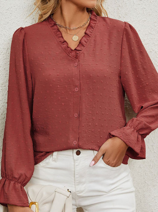 Chemise en mousseline de soie à col en V de couleur unie pour femme