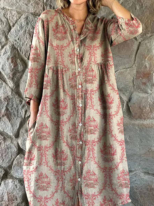 Robe chemise simple et élégante en coton et lin à motifs floraux pour femmes avec poches