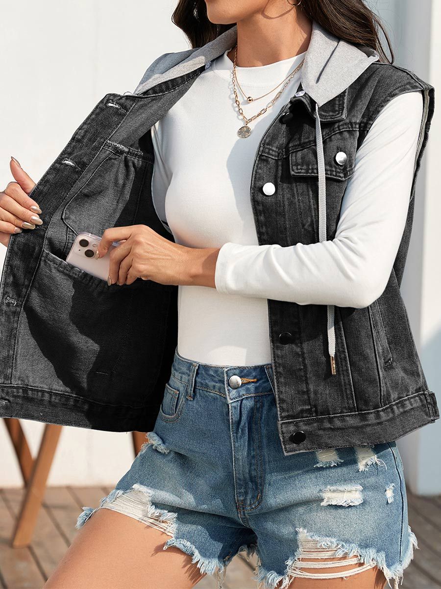 Women's Washed Classic Style Hat Denim Vest