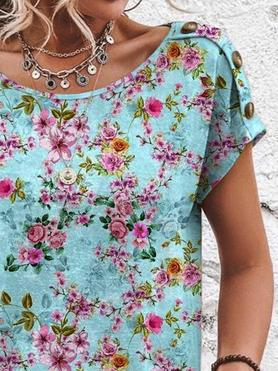 T-shirt en coton à manches courtes et col rond avec imprimé floral pour femme