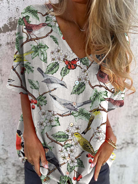 Haut décontracté à col en V en coton avec imprimé artistique Hawthorn pour femme