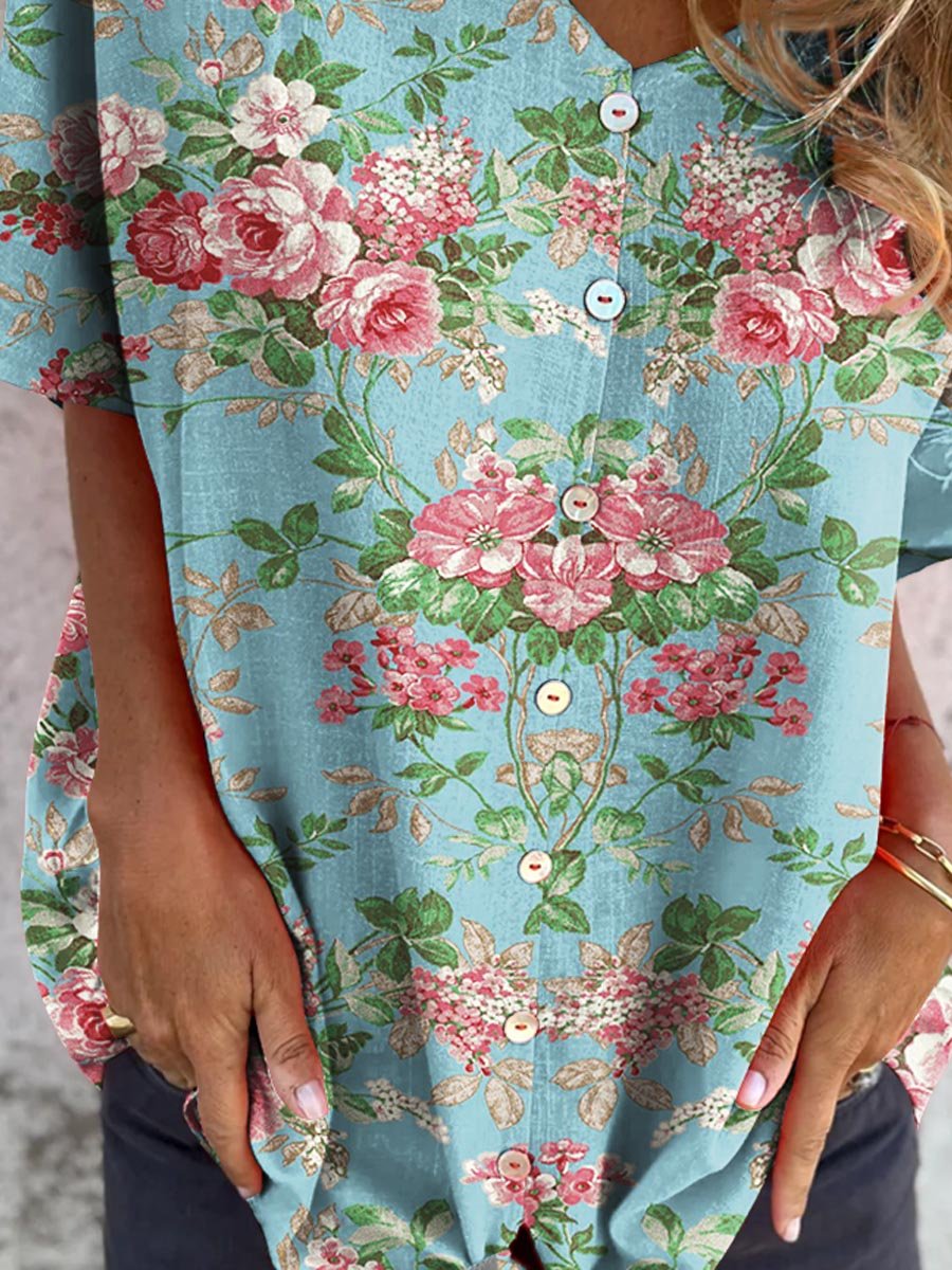 Haut décontracté en coton à col en V pour femme avec motif palmiers