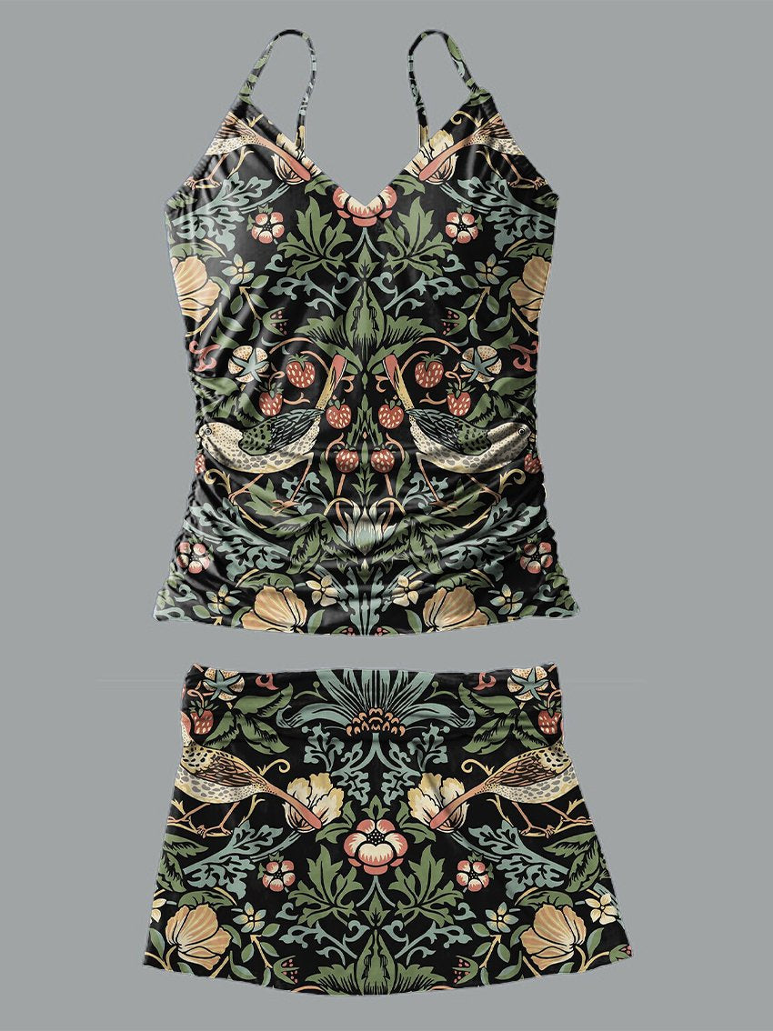 Maillot de bain tankini plissé à col en V et imprimé floral
