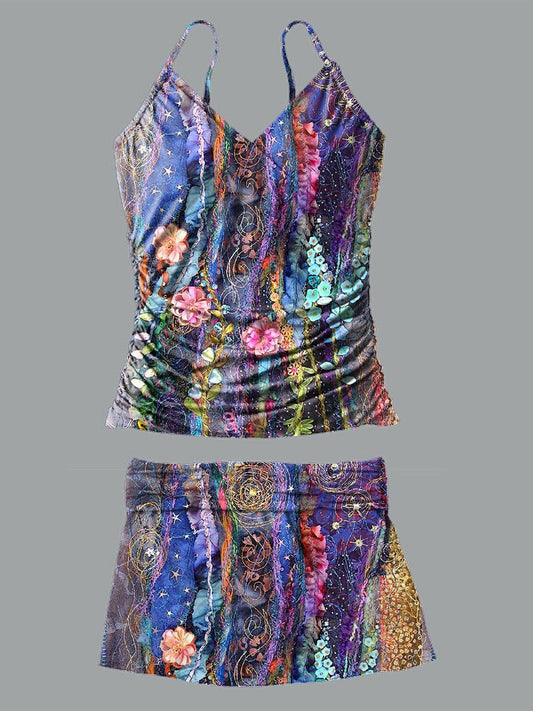 Maillot de bain tankini à col en V et imprimé floral multicolore avec jupe à bretelles et pantalon