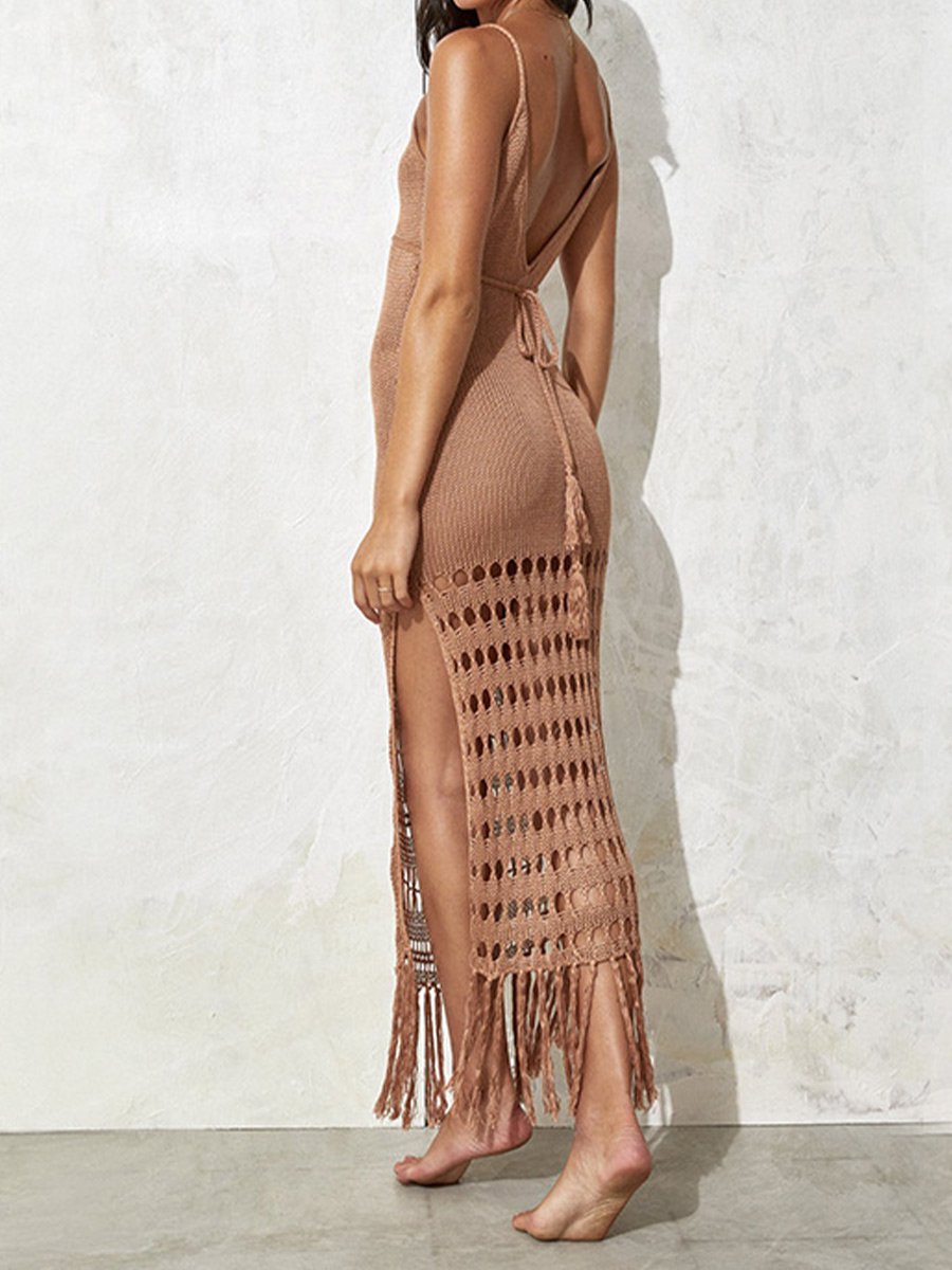Cache-maillot de bain à franges en tricot de couleur unie pour femme