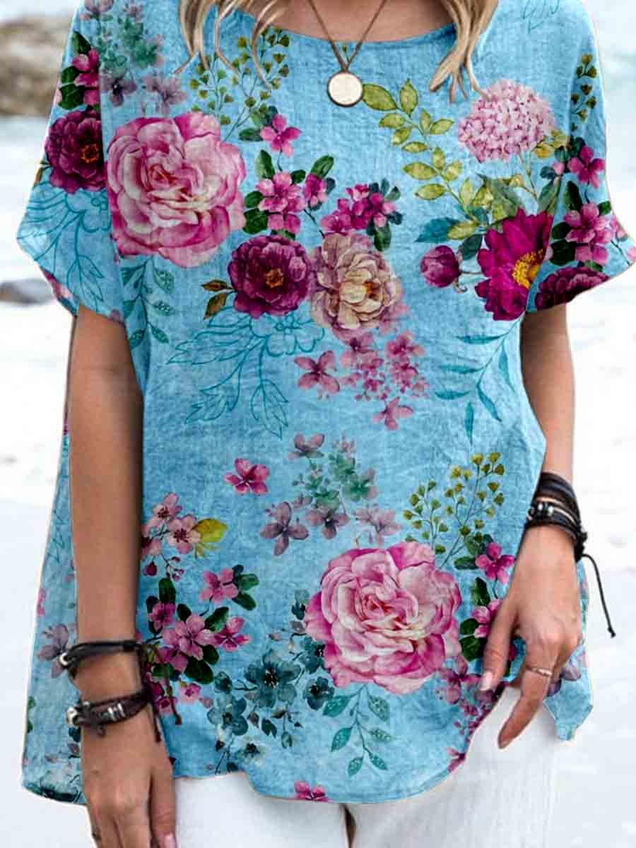 Haut élégant en lin à imprimé floral rose vintage pour femme