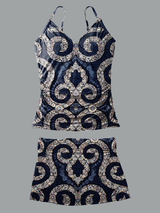 Maillot de bain à col en V bleu foncé avec imprimé vintage et jupe à bretelles