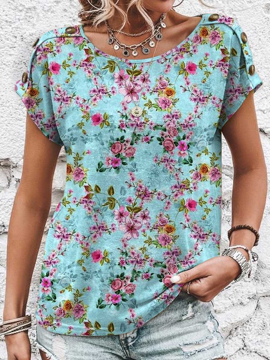 T-shirt en coton à manches courtes et col rond avec imprimé floral pour femme