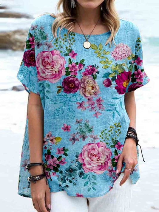 Haut élégant en lin à imprimé floral rose vintage pour femme