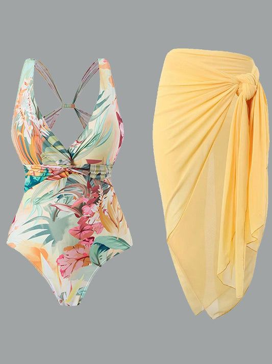 Jupe longue en mousseline de soie à imprimé rétro pour maillot de bain pour femme