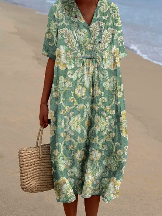 Robe en coton et lin à col en V pour femme, élégante, simple, motif floral géométrique, vacances à la mer