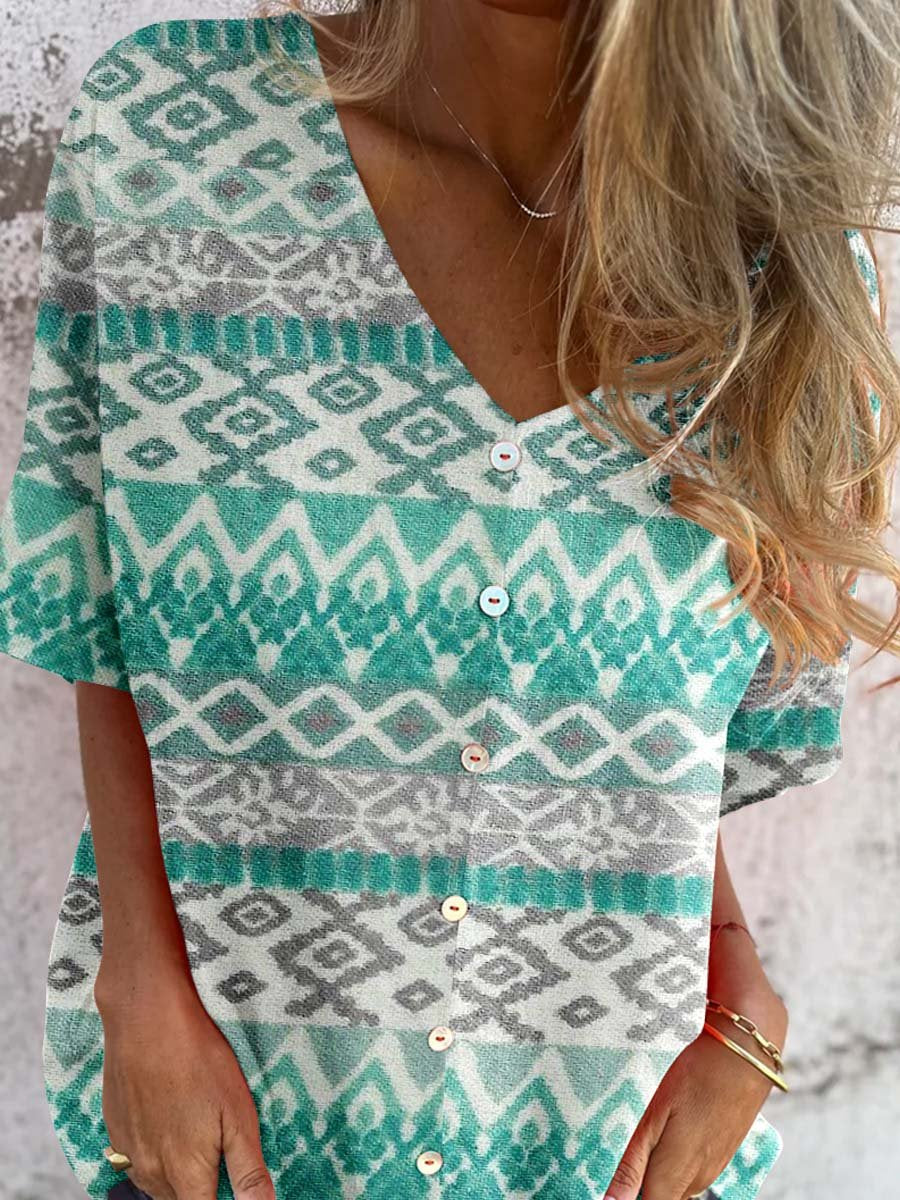 Haut élégant en coton et lin à motif floral vintage pour femme