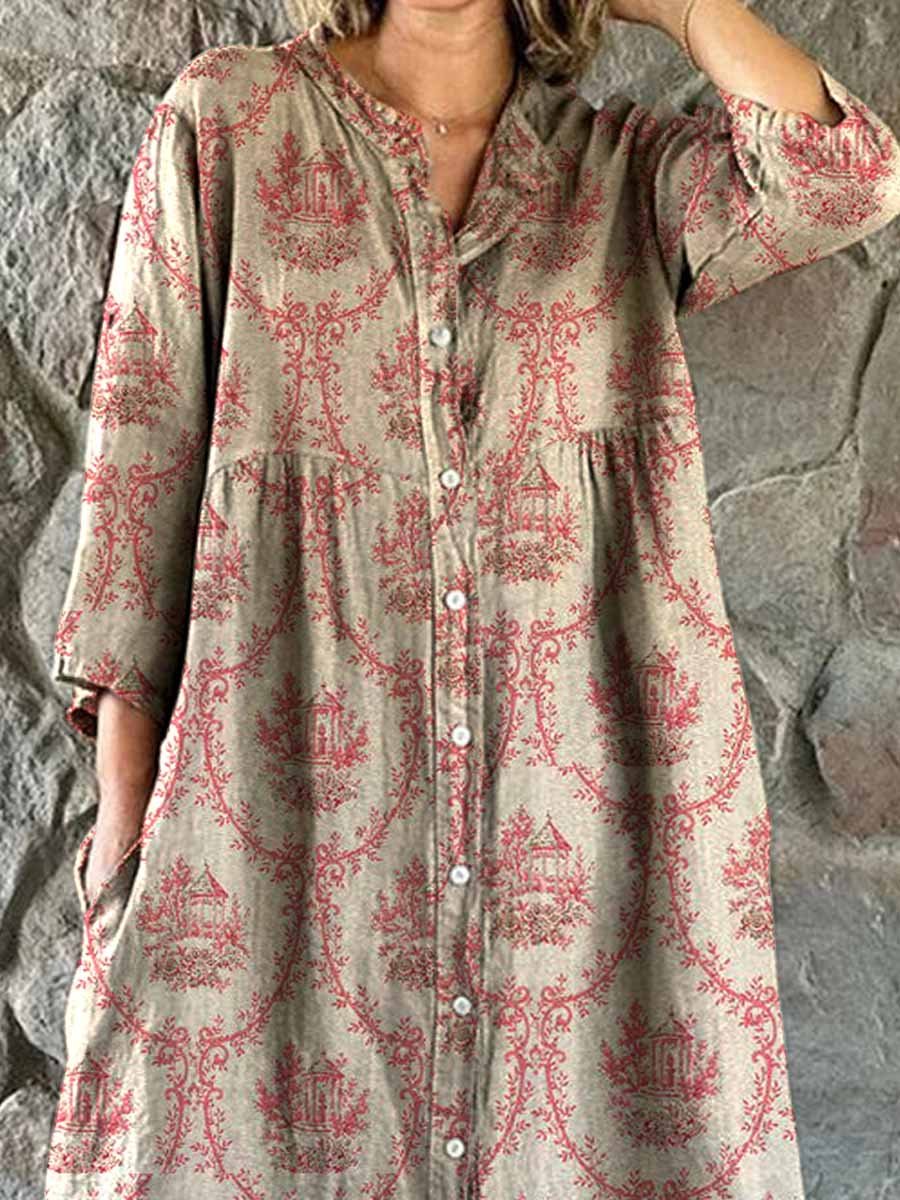 Robe chemise simple et élégante en coton et lin à motifs floraux pour femmes avec poches