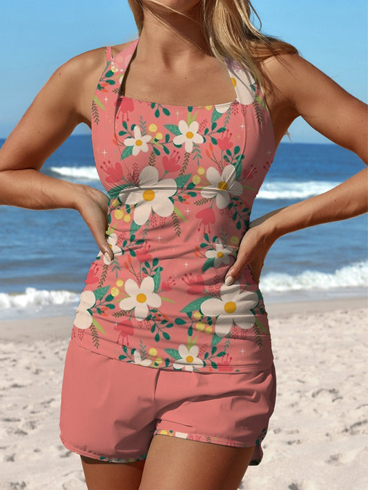 Maillot de bain tankini taille moyenne à imprimé cachemire rose et fleurs de cajou