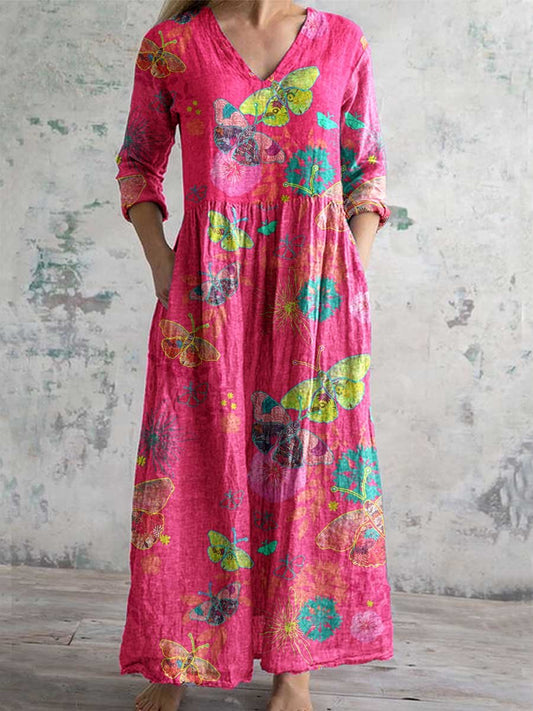 Robe élégante en coton et lin à col en V et à imprimé floral papillon pour femme avec poches