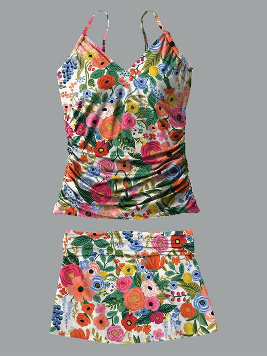 Maillot de bain tankini à col en V et imprimé floral pour femme