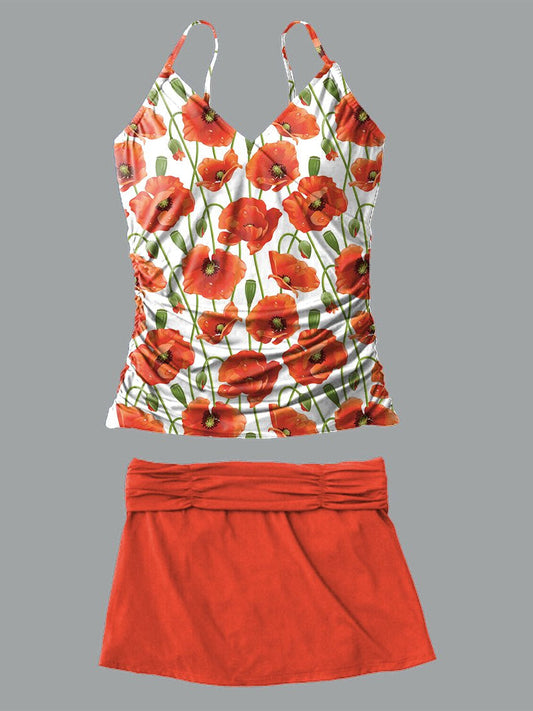 Maillot de bain tankini à col en V avec jupe à bretelles et imprimé coquelicot rouge continu