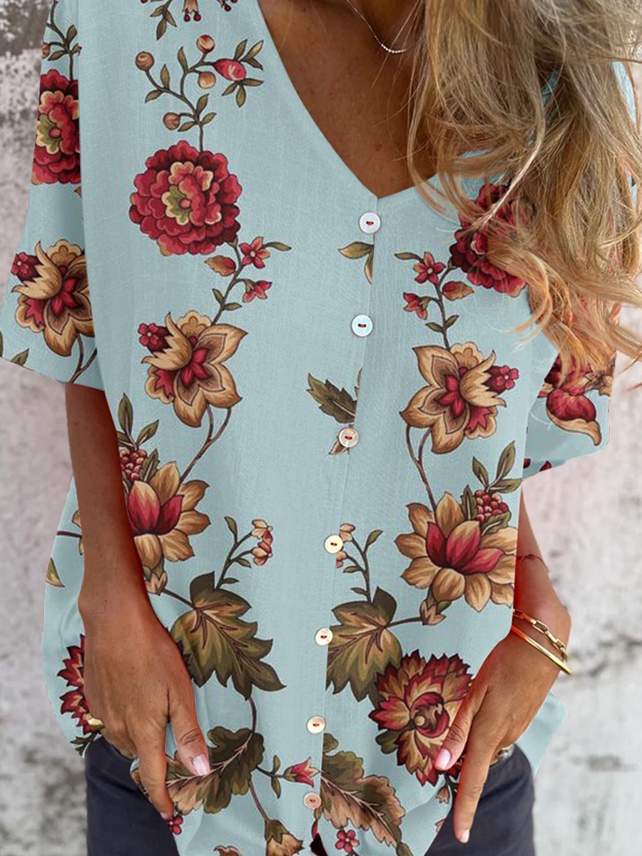 Haut élégant en coton et lin à motif floral pour femme