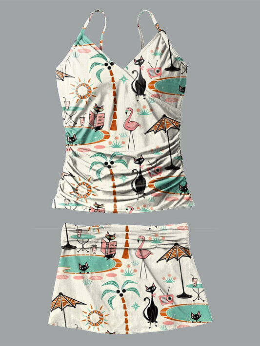 Maillot de bain à col en V avec jupe à bretelles et pantalon imprimé chat noir