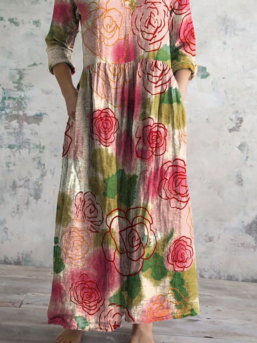 Robe décontractée en coton à imprimé floral vintage pour femme
