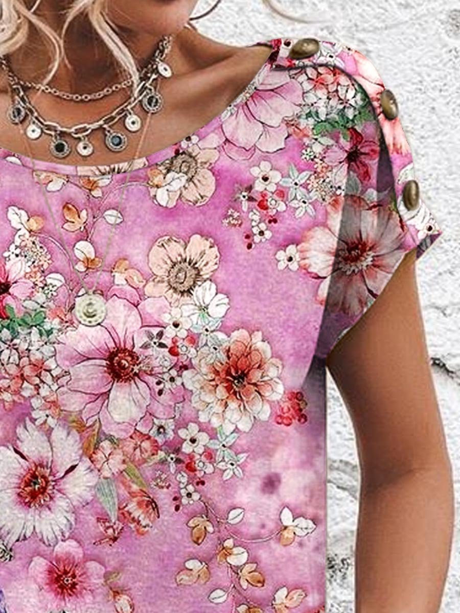 T-shirt en coton à manches courtes et col rond avec imprimé floral pour femme