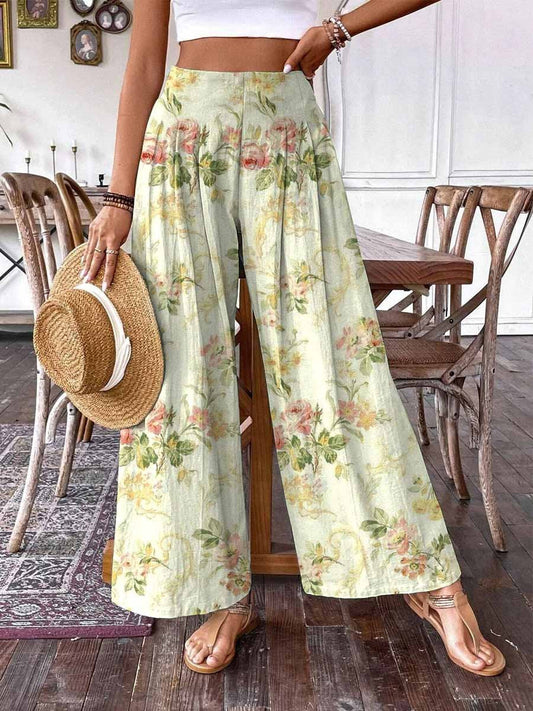 Pantalon large à imprimé floral rose pour femme