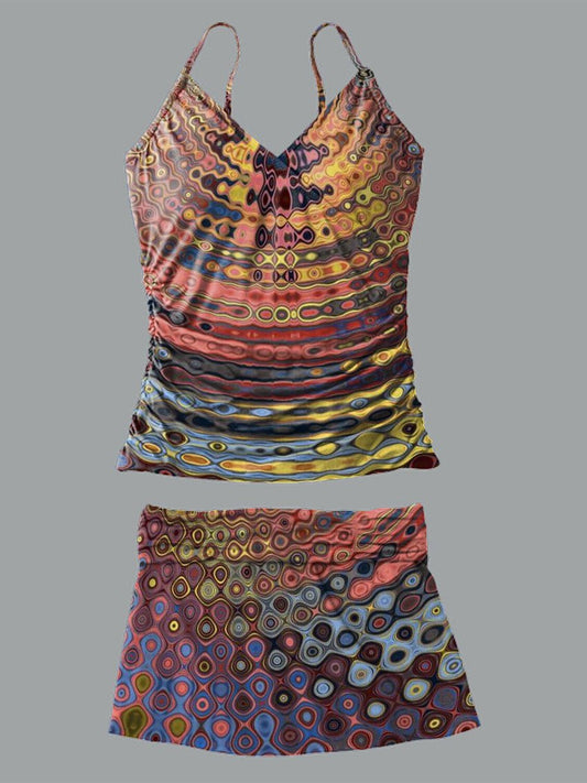 Maillot de bain à col en V avec imprimé vintage et ondulations d'eau