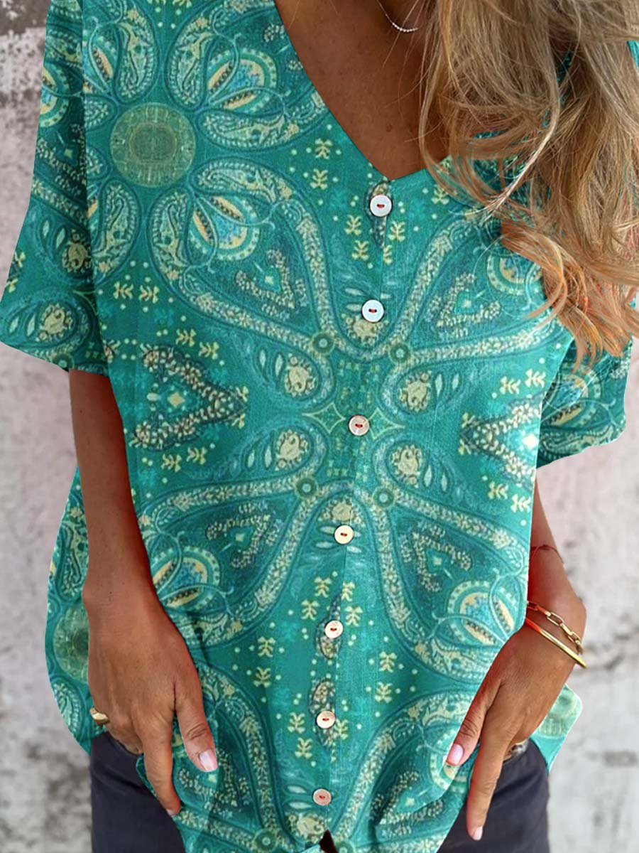 Haut élégant en coton et lin à motif floral vintage pour femme