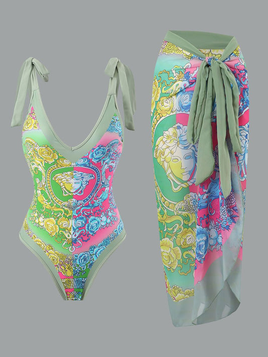 Jupe longue en mousseline de soie à imprimé rétro pour maillot de bain pour femme