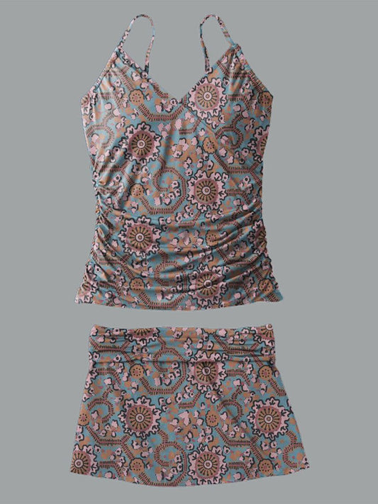 Maillot de bain à col en V violet clair avec imprimé floral continu vintage et jupe à bretelles