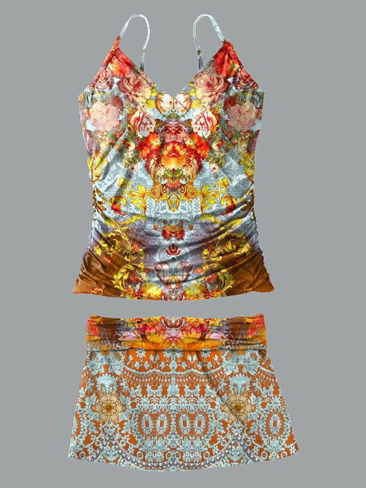 Maillot de bain à bretelles et jupe-pantalon tankini à imprimé rétro à fleurs symétriques orange à col en V