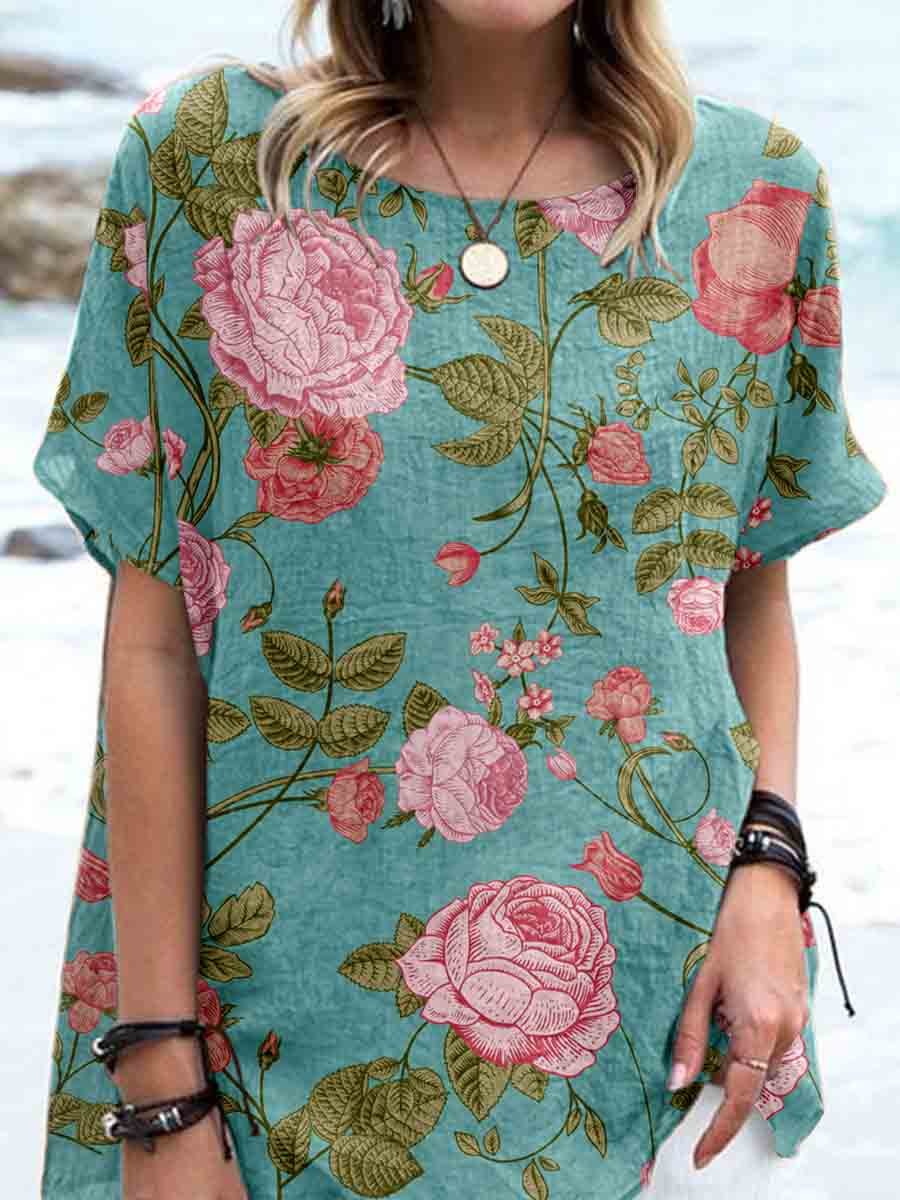 Haut élégant en lin à imprimé floral rose vintage pour femme